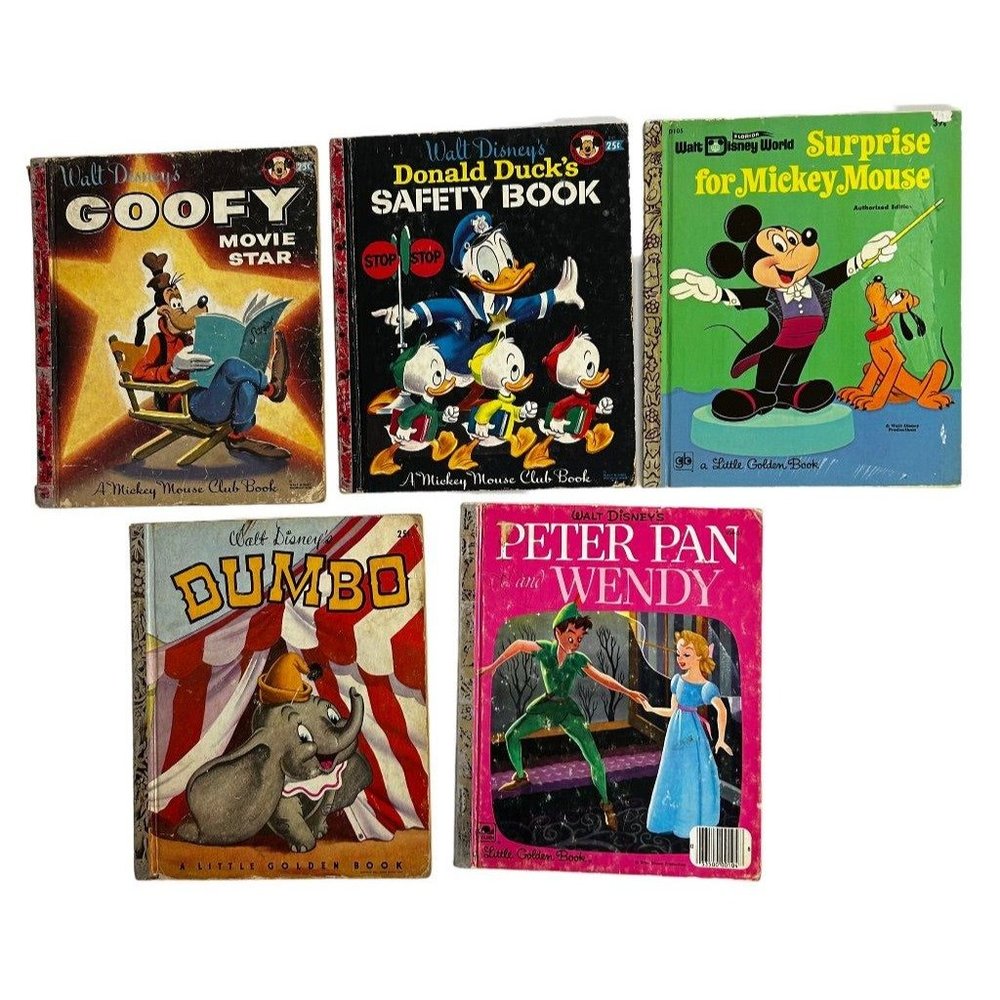 Lot of 5 Vintage Little Golden Books Disney Mickey Goofy Peter Pan Dumbo Donald
